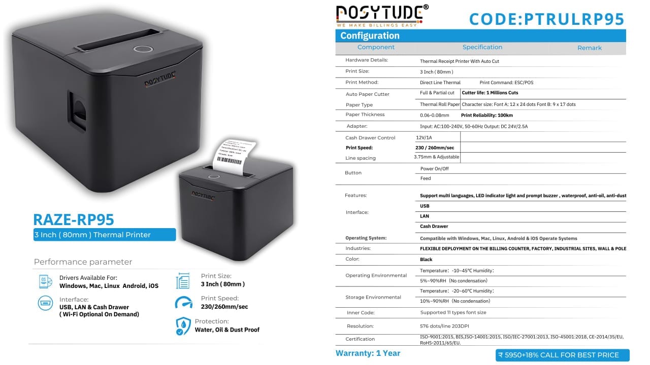 RAZE-RP95 3-Inch (80mm) High-Speed Thermal Receipt Printer (PTRULRP95)