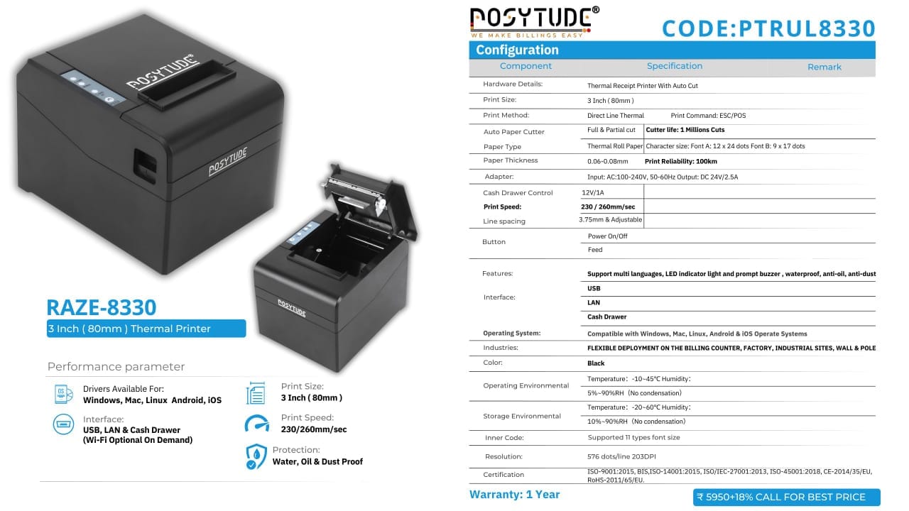 RAZE-8330 3-Inch Commercial Thermal Receipt Printer (PTRUL8330)