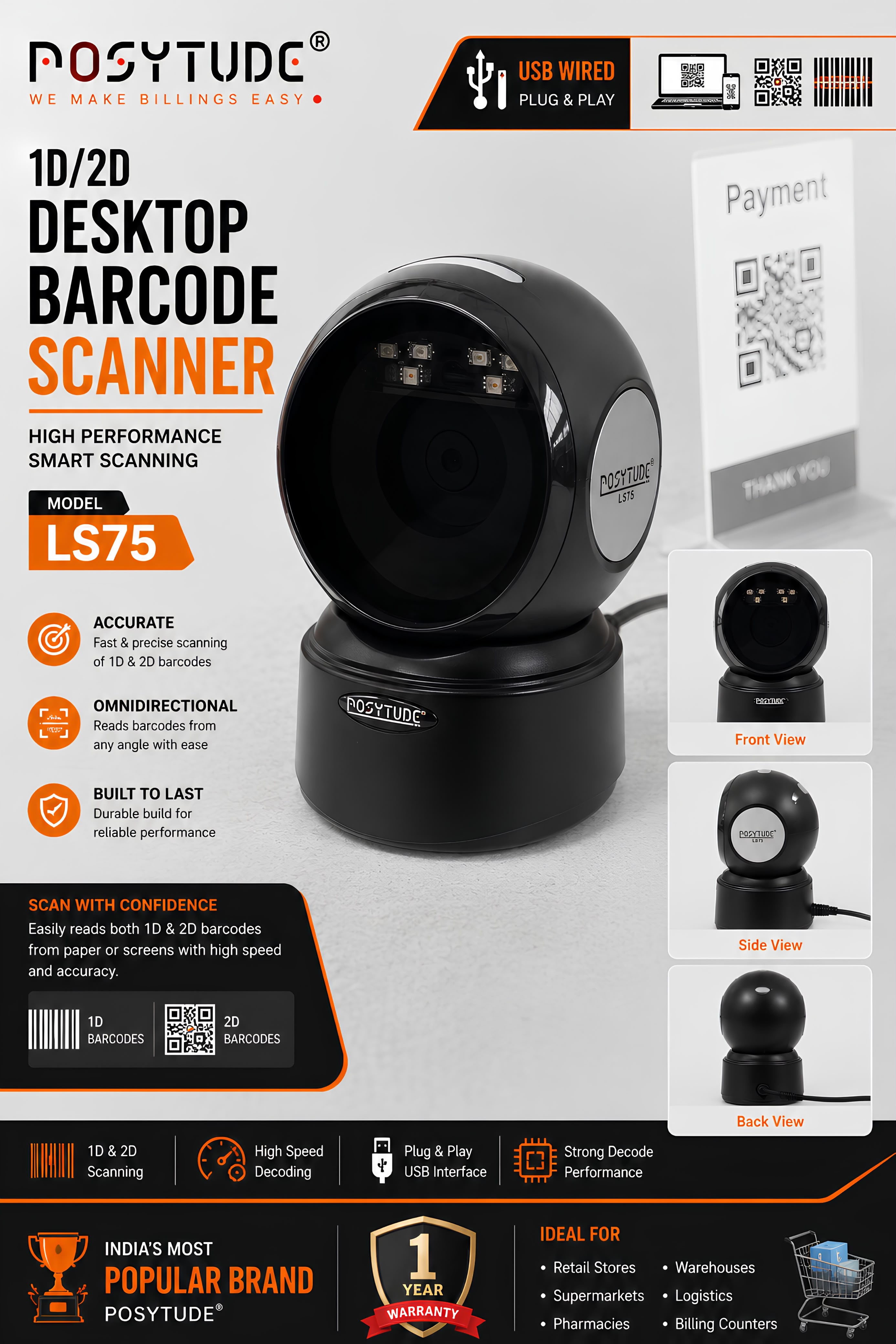 POSYTUDE LS75 1D/2D Hands-Free Desktop Barcode Scanner (LS75)